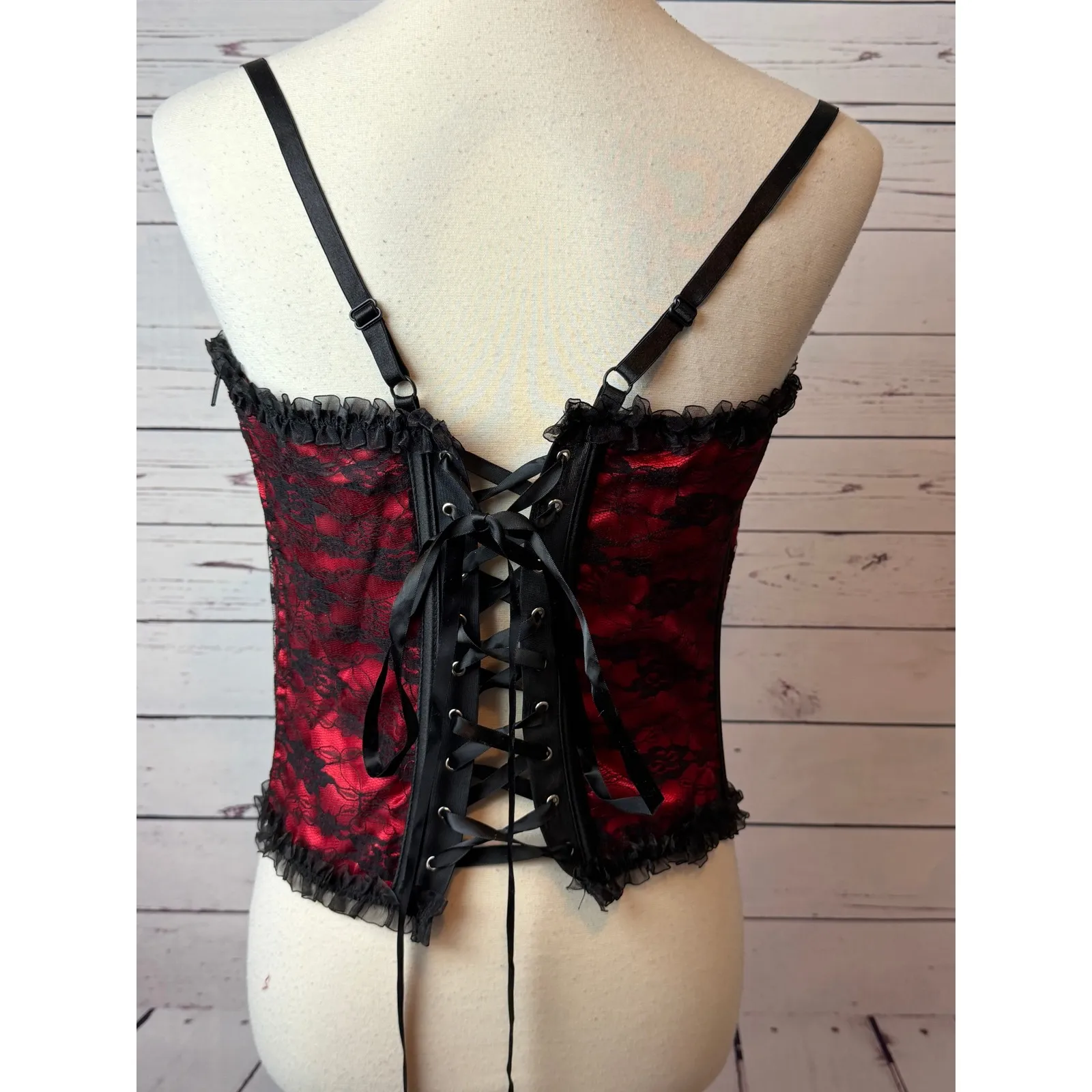 Lace Corset Bustier Lingerie Costume Top XL Valentines Day Red Ruffle Red Black - Image 2