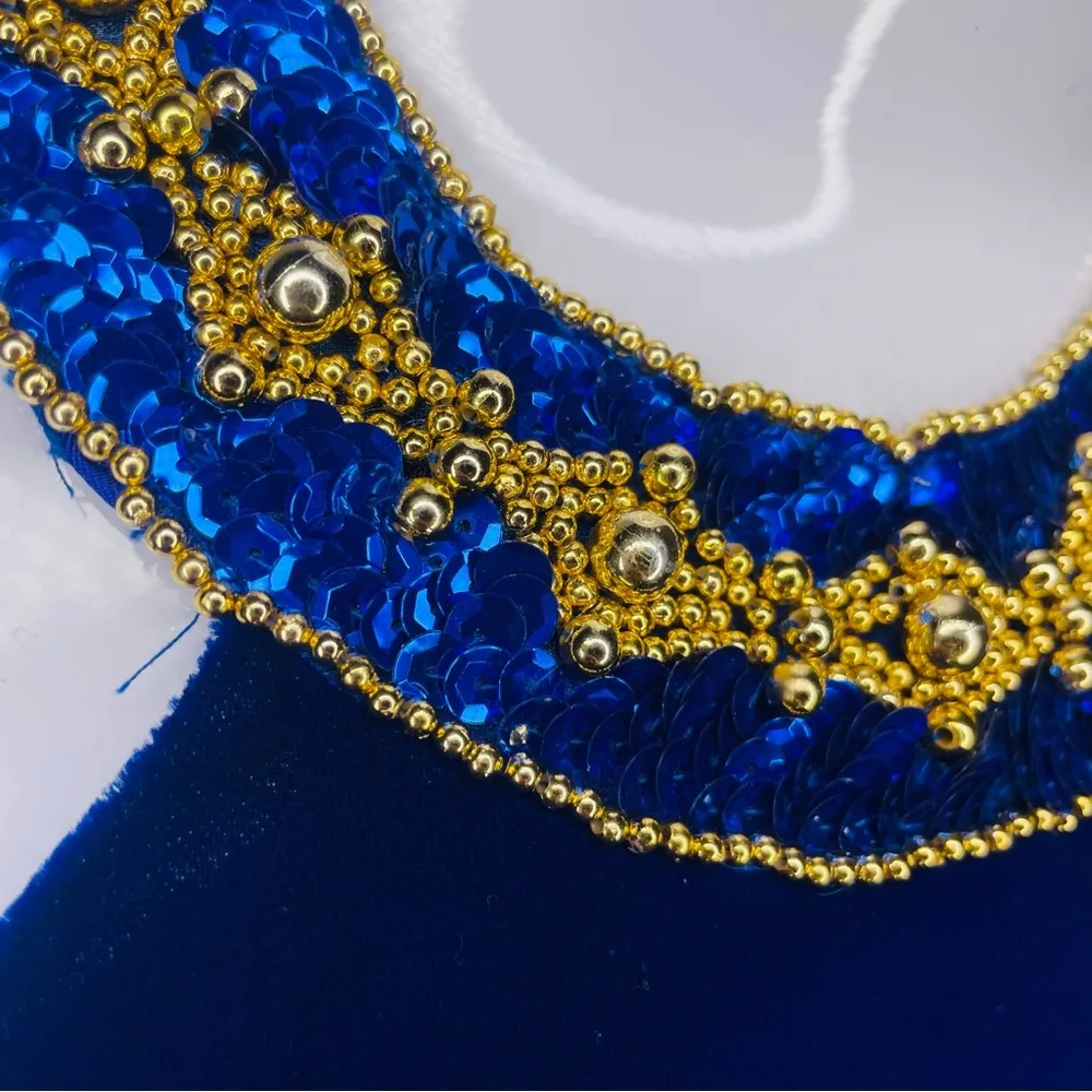 Vintage 80s zum Zum blue velvet retro shift dress with rhinestone collar top s - Image 5