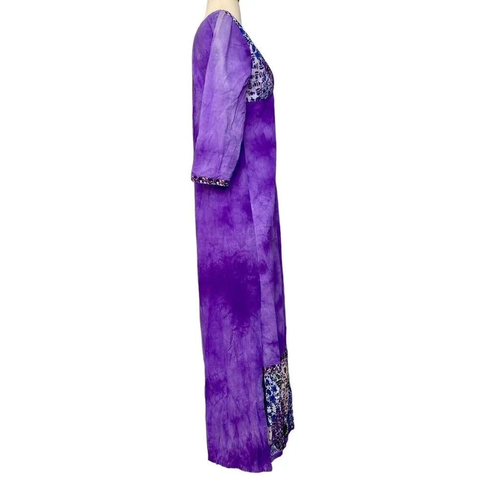 Vintage Shop Therapy Lagenlook Boho Floral Paisley Jeweled Kaftan Slit Dress S/M Purple - Image 10