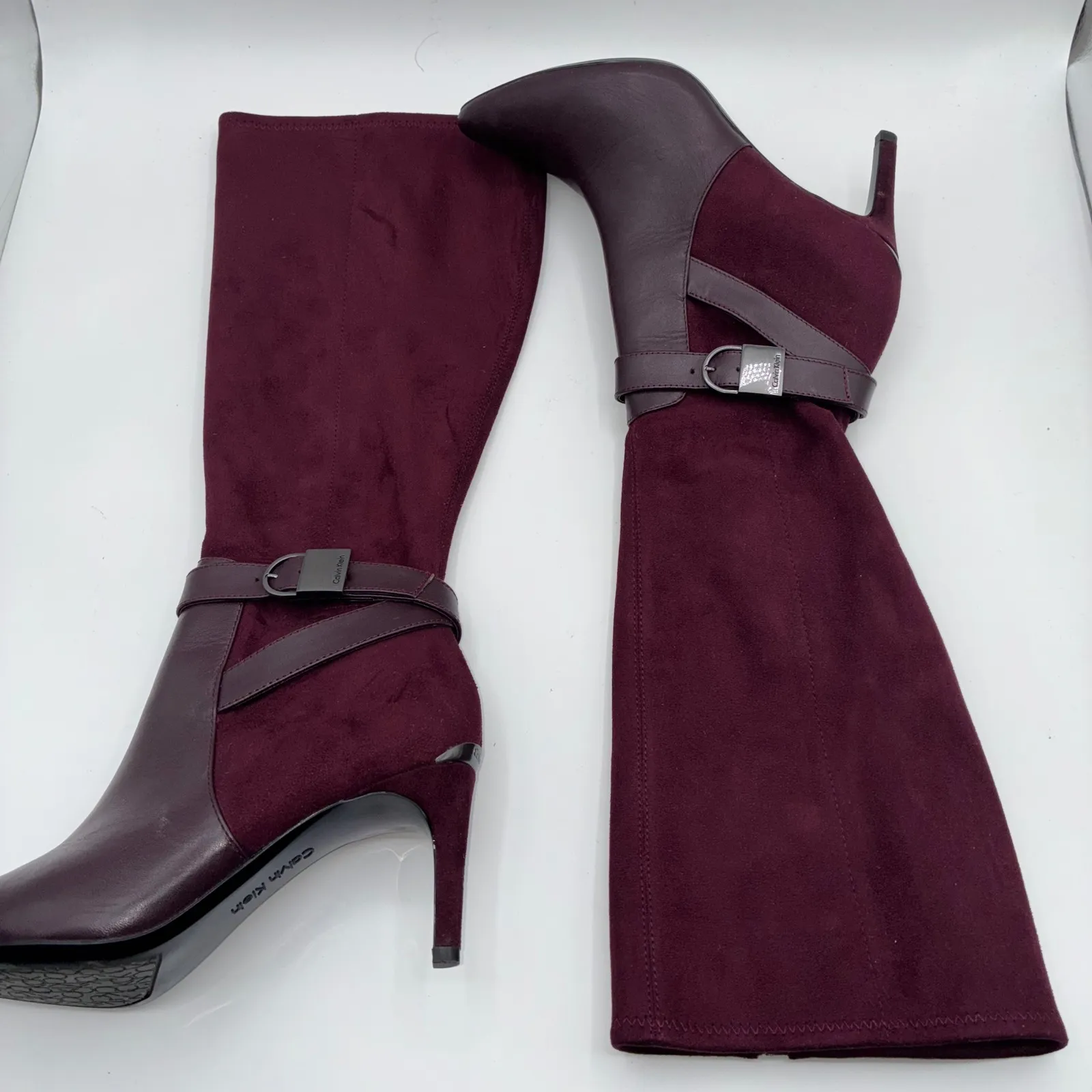 Calvin Klein Jemamine Wide Calf Tall Boots Burgundy Suede Leather Heel Size 6.5 - Image 4