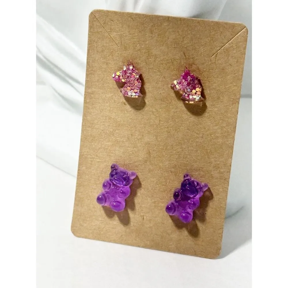 Gummy Bear & Unicorn Head Plastic & Metal Alloy Stud Earrings Set Novelty Purple Pink - Image 6