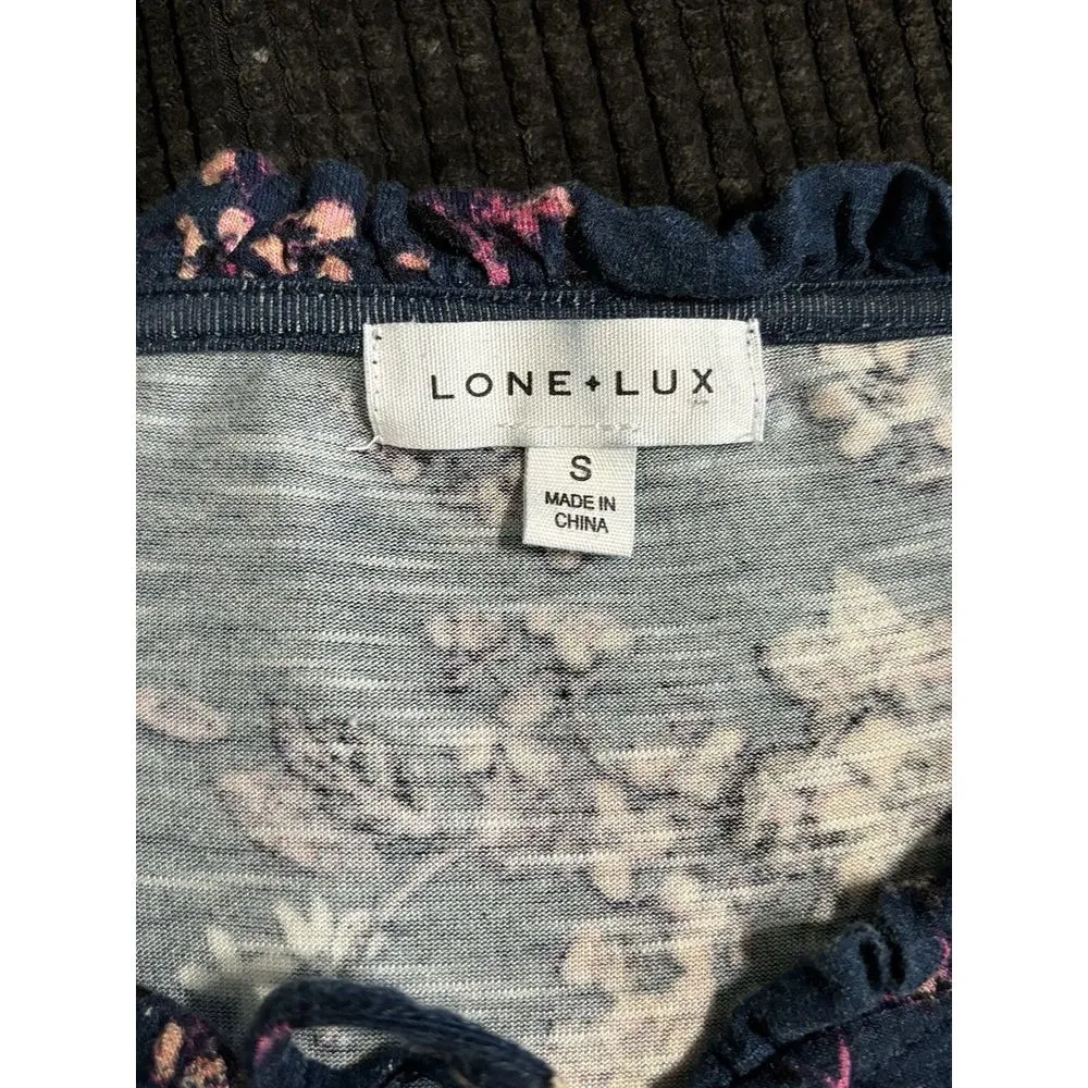 Lone‎ + Lux Navy/Pink Floral Scoop/Tie Neck Smocked Short Flutter Sleeve Sz S Blue - Image 5
