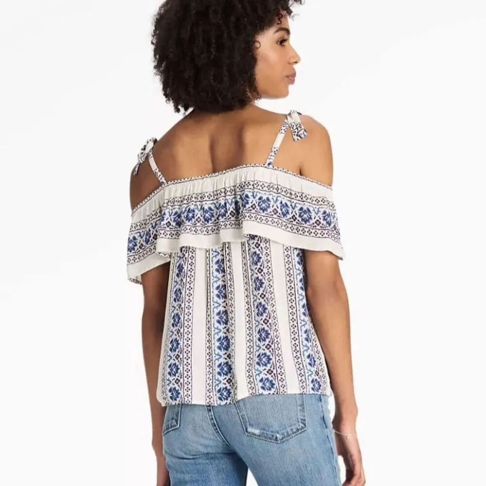 Lucky Brand Women's Blue Floral Off-Shoulder Blouse Medium - Image 4