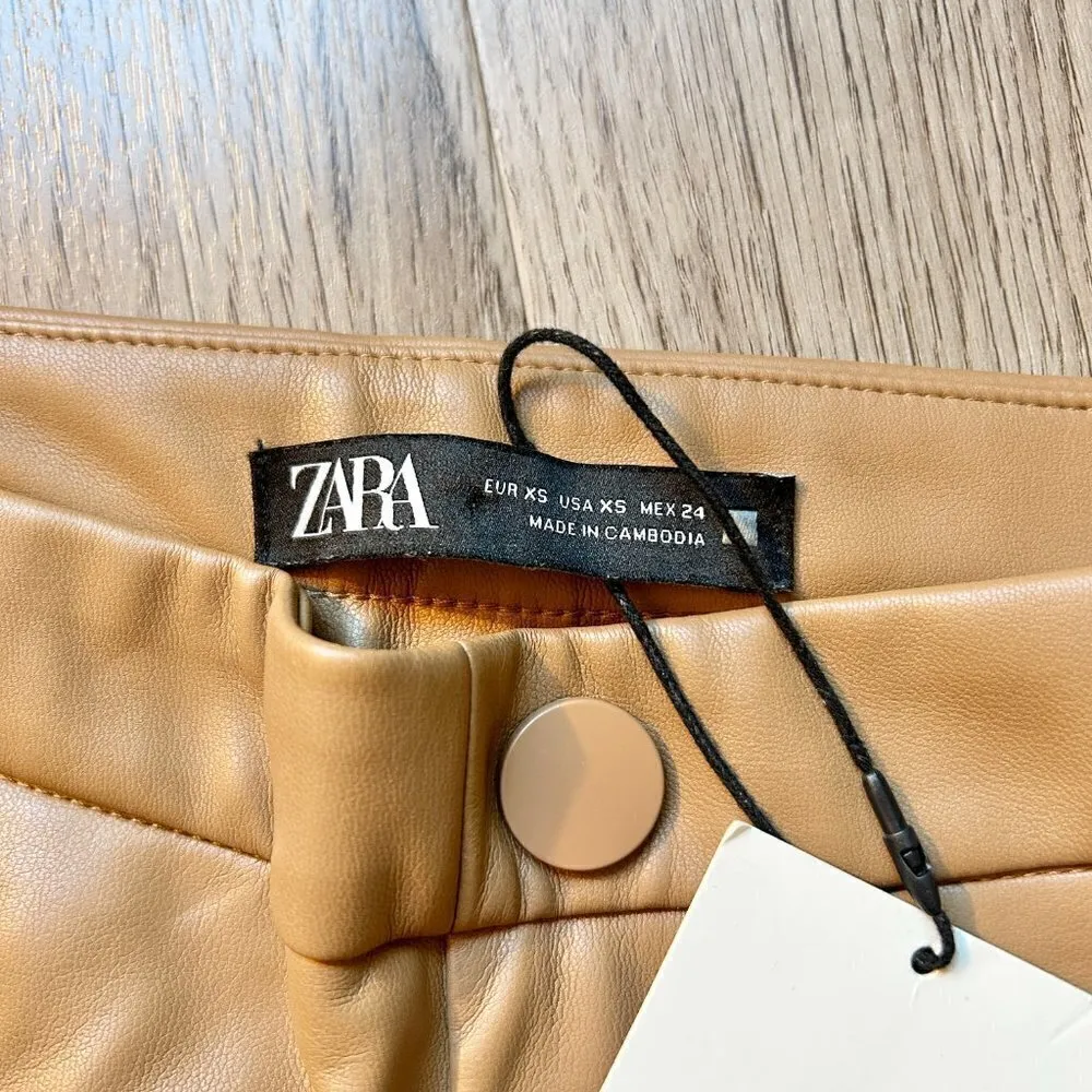Zara Faux Leather High Waisted Ankle Zip Leggings in Camel Brown Size XS NWT - Image 6