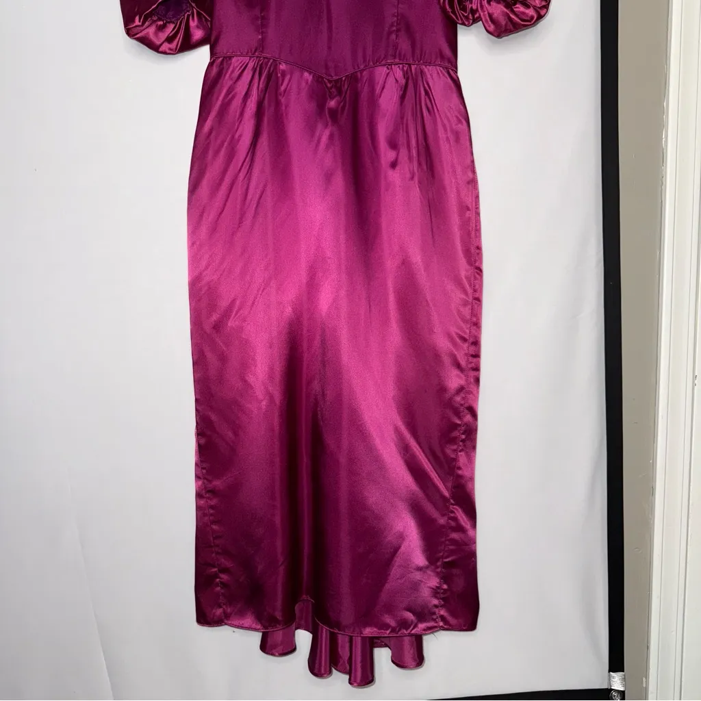 Jessica McClintock Gunne Sax Vintage‎ Open Back Puff Sleeve Silky Dress Magenta - Image 4
