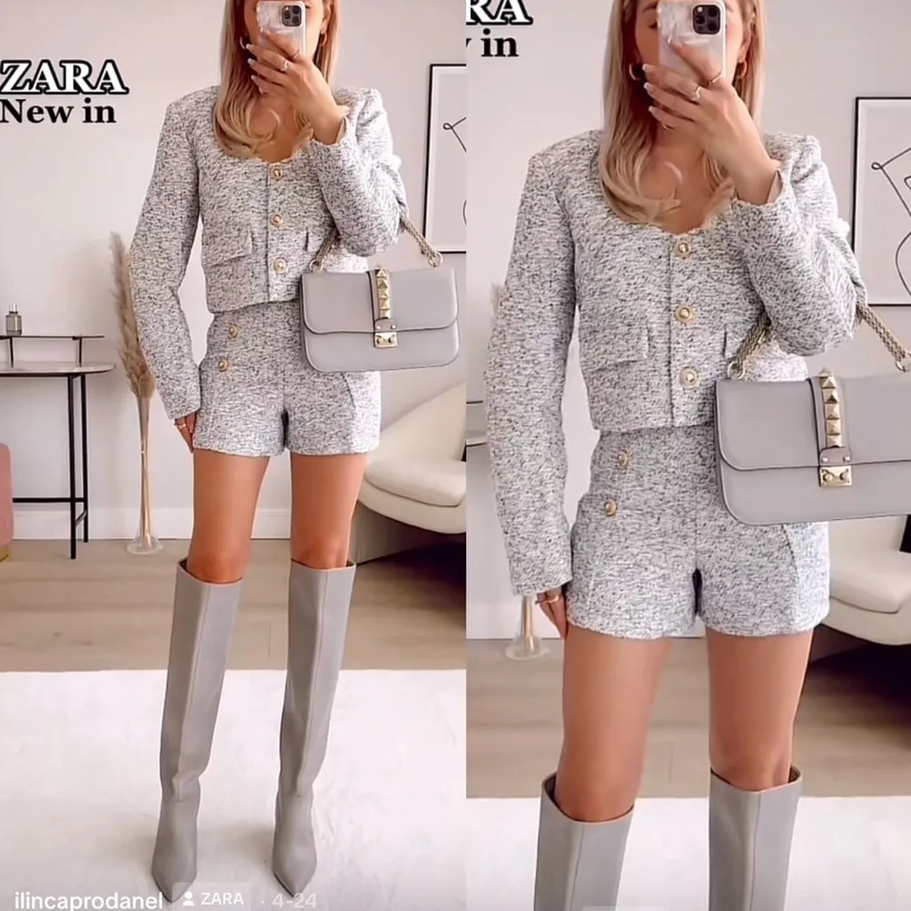 Zara Bloggers Fav Long Sleeves Round Neck Gold Button Textured Blazer Size M - Image 2