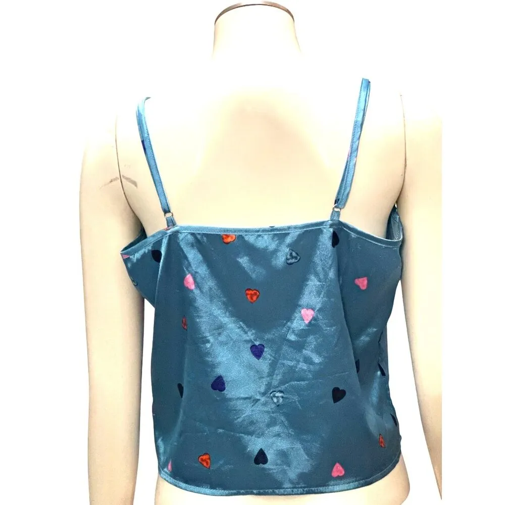 CCC Heart Pattern Satin Camisole Top Adjustable Spaghetti Straps Blue Size Mediu - Image 3