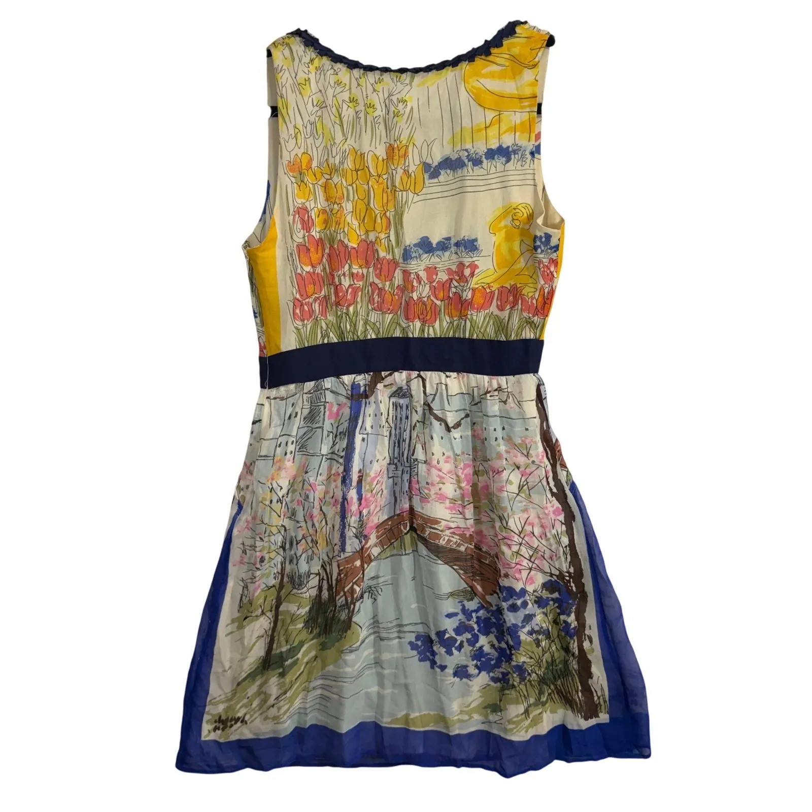 Anthropologie WeLoveVera 4 Silk Midi Dress NYC Amsterdam Park Floral Cottage Art - Image 3