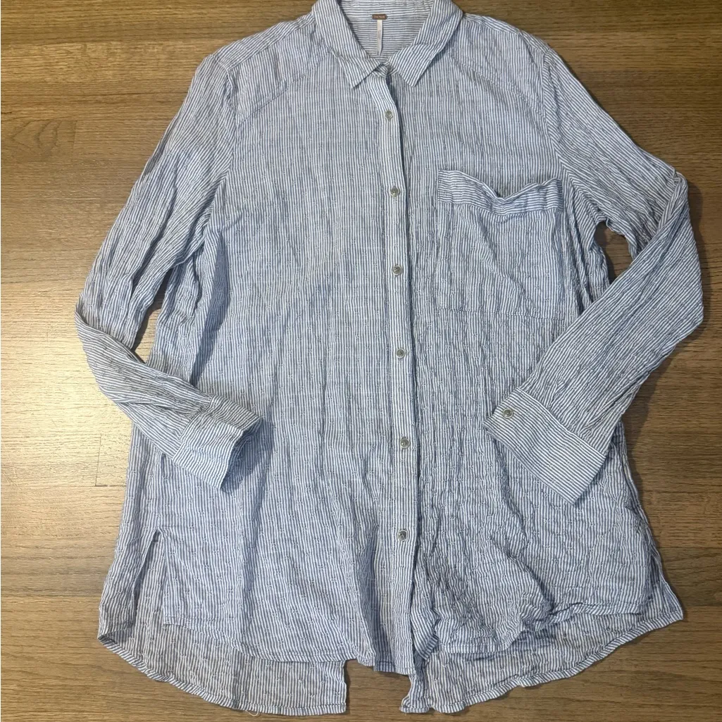 Free People No Limits Blue Striped Button-Up Shirt- Size Medium - Image 3