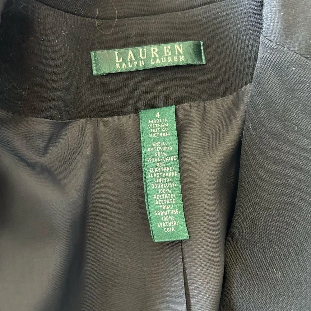 Lauren Ralph Lauren Women’s Wool Blazer Leather Sleeve Single Button 4 B… Black - Image 6