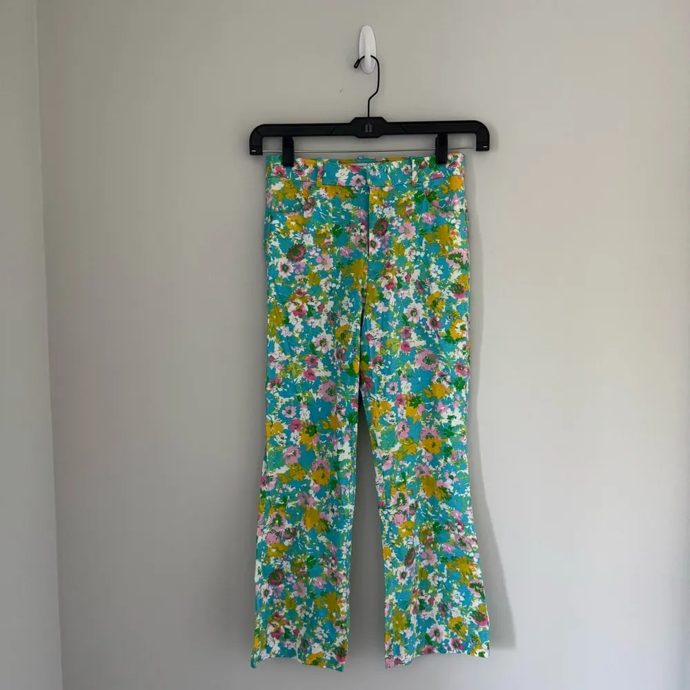 Zara Floral Printed Linen Blend Mini Flare Trousers - Image 2