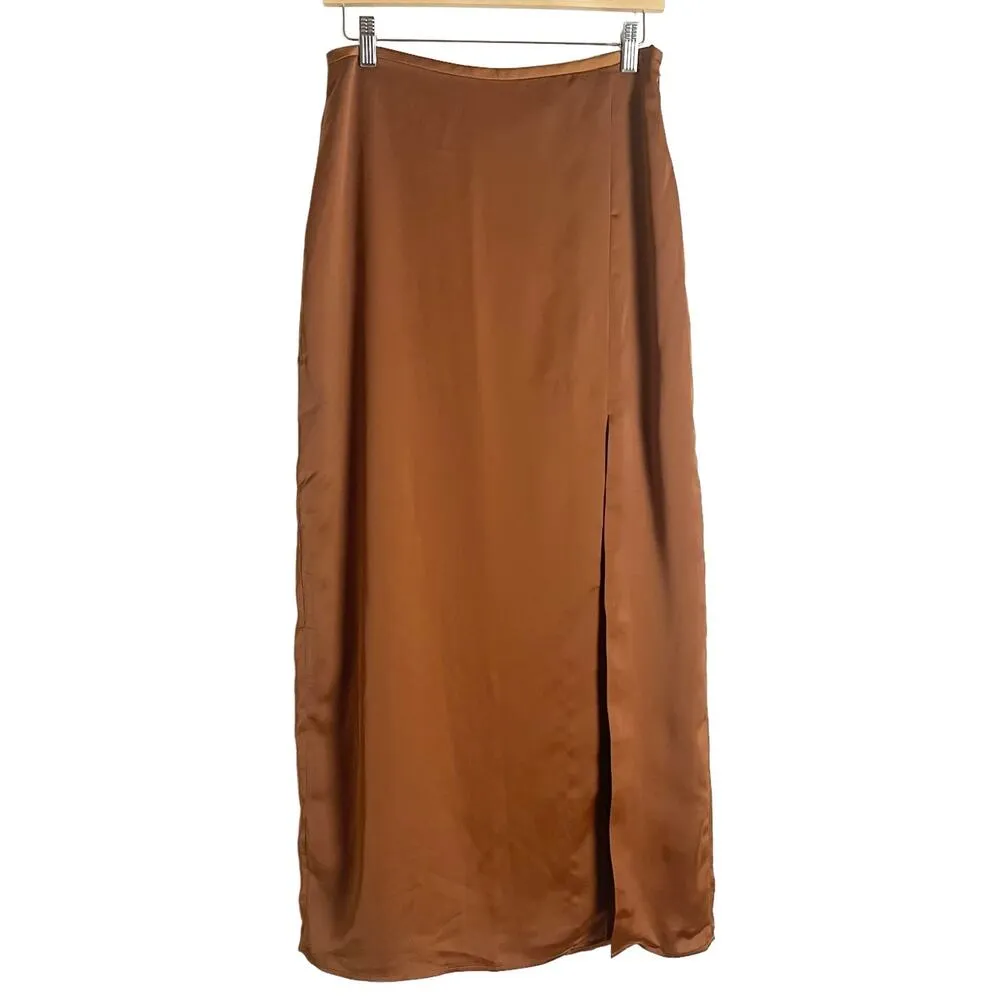 Club Monaco Trycia Brown Slit Satin Bias Midi Skirt Size 6 - Image 6