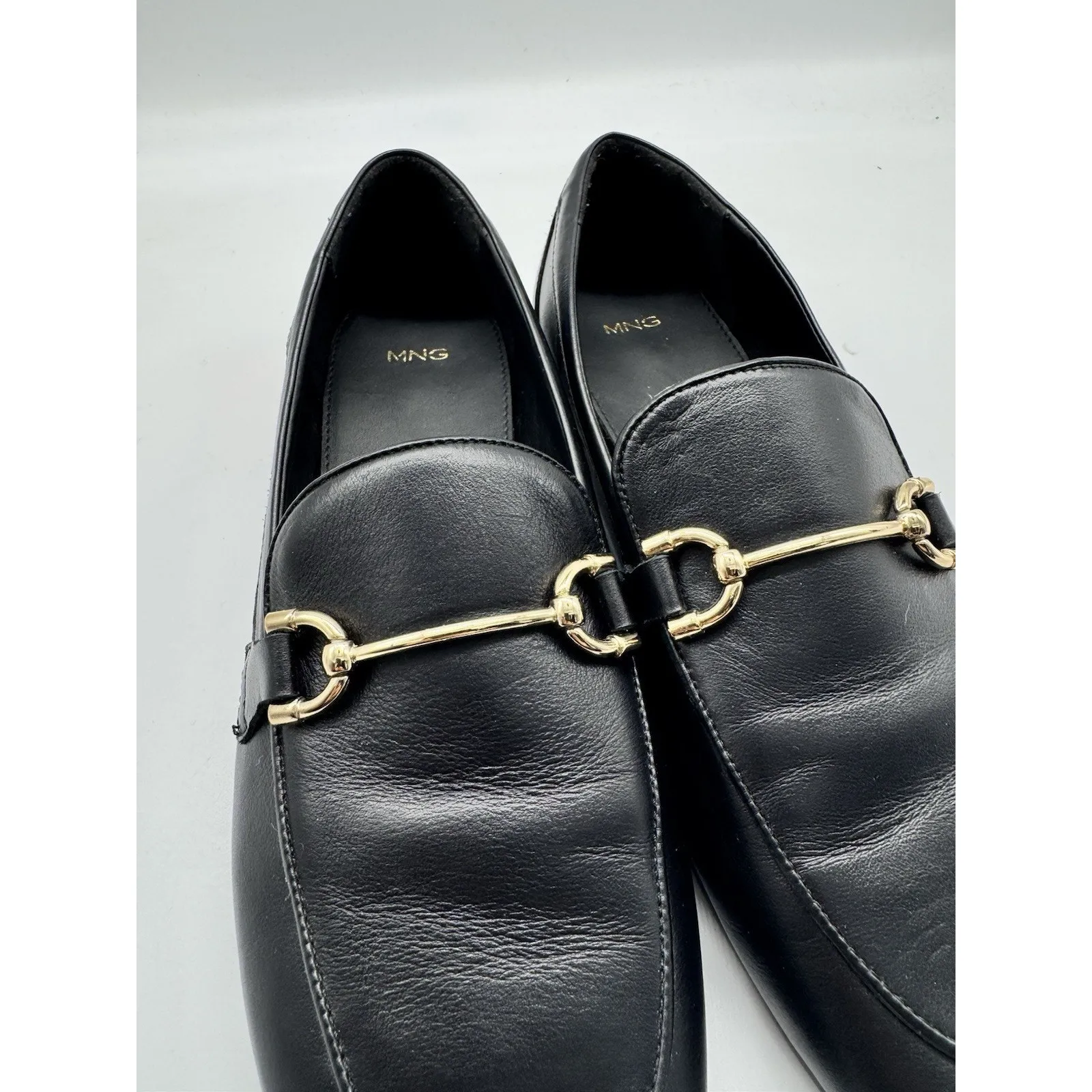 Mango Black Leather Loafers Gold Buckle Details Womens US Size 10 Euro 41 - Image 6