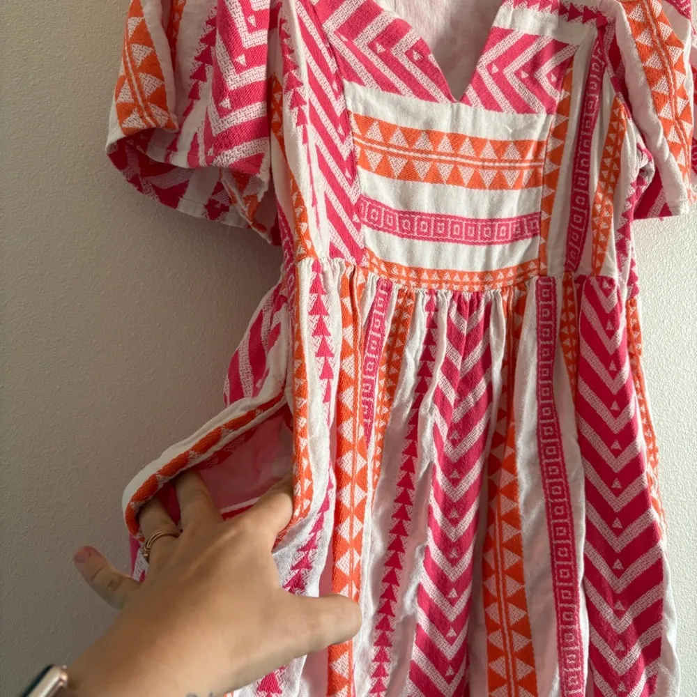 Old Navy Pink & Orange Jacquard Aztec Mini Swing Dress Size Medium TALL Cotton - Image 7