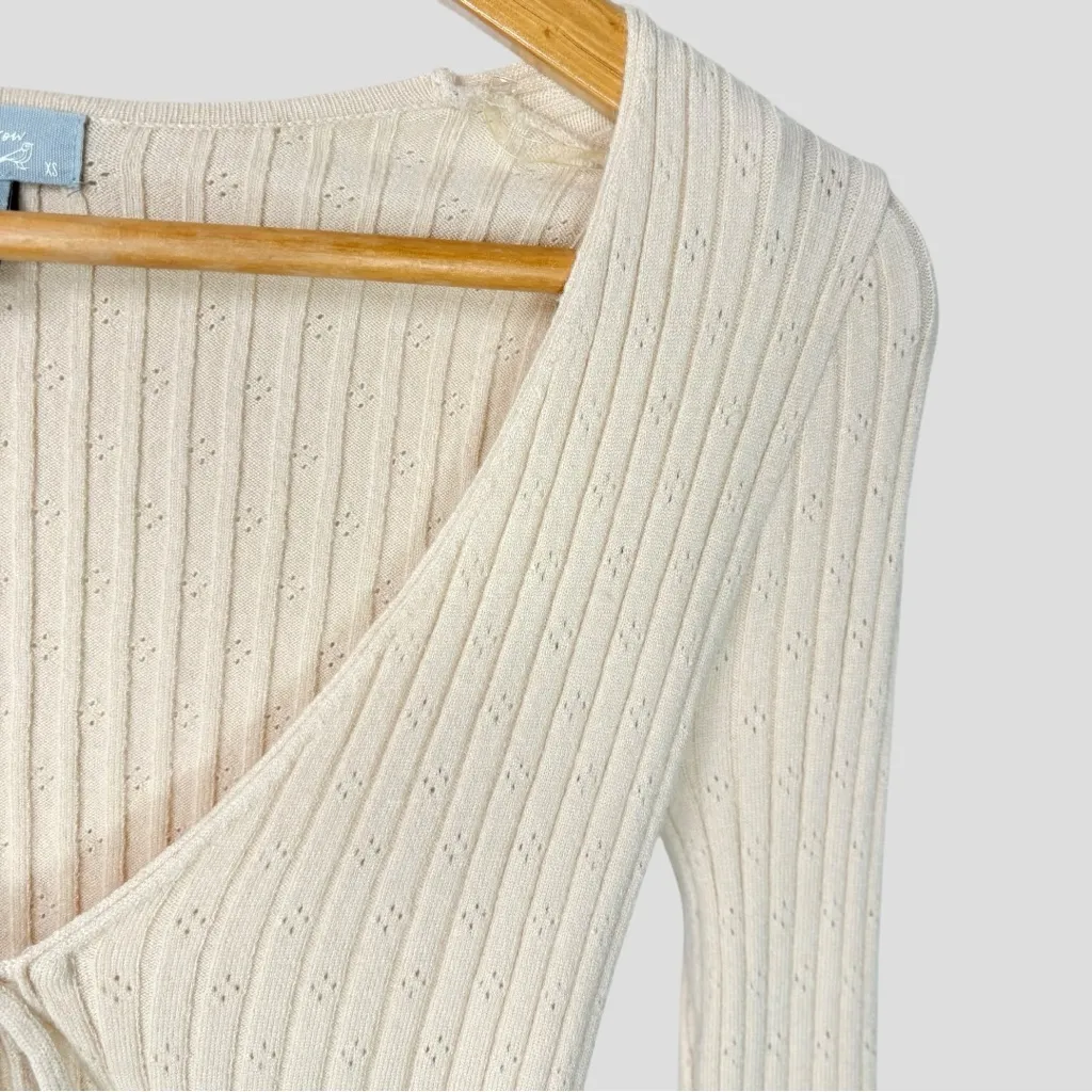 Sky & Sparrow Tie Front Ribbed Knit Top XS Beige  Pointelle Long Sleeve Cropped - Image 10