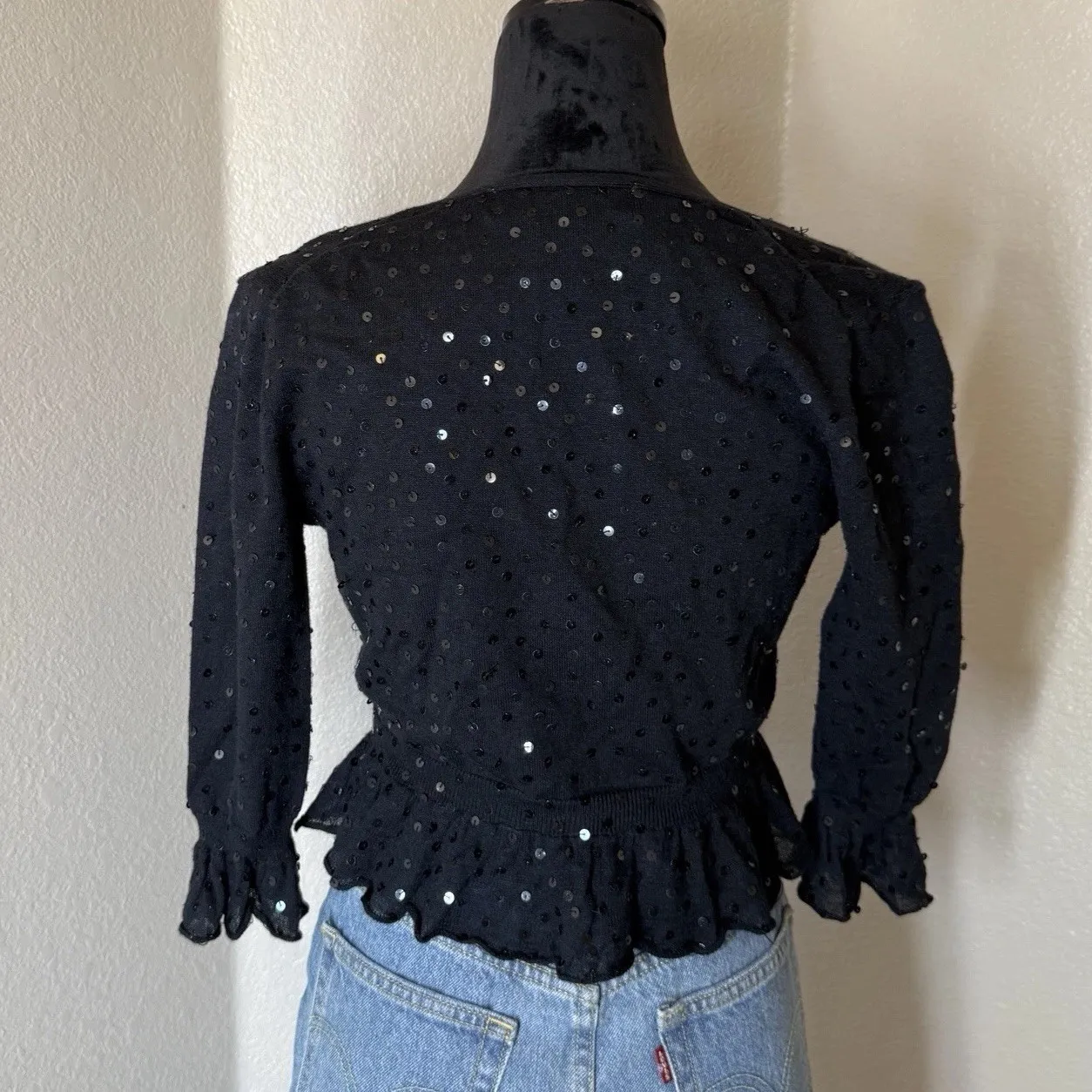 Vtg Y2K Necessary Objects Black Sequin Ruffle Tie Front Bolero Top Small - Image 3