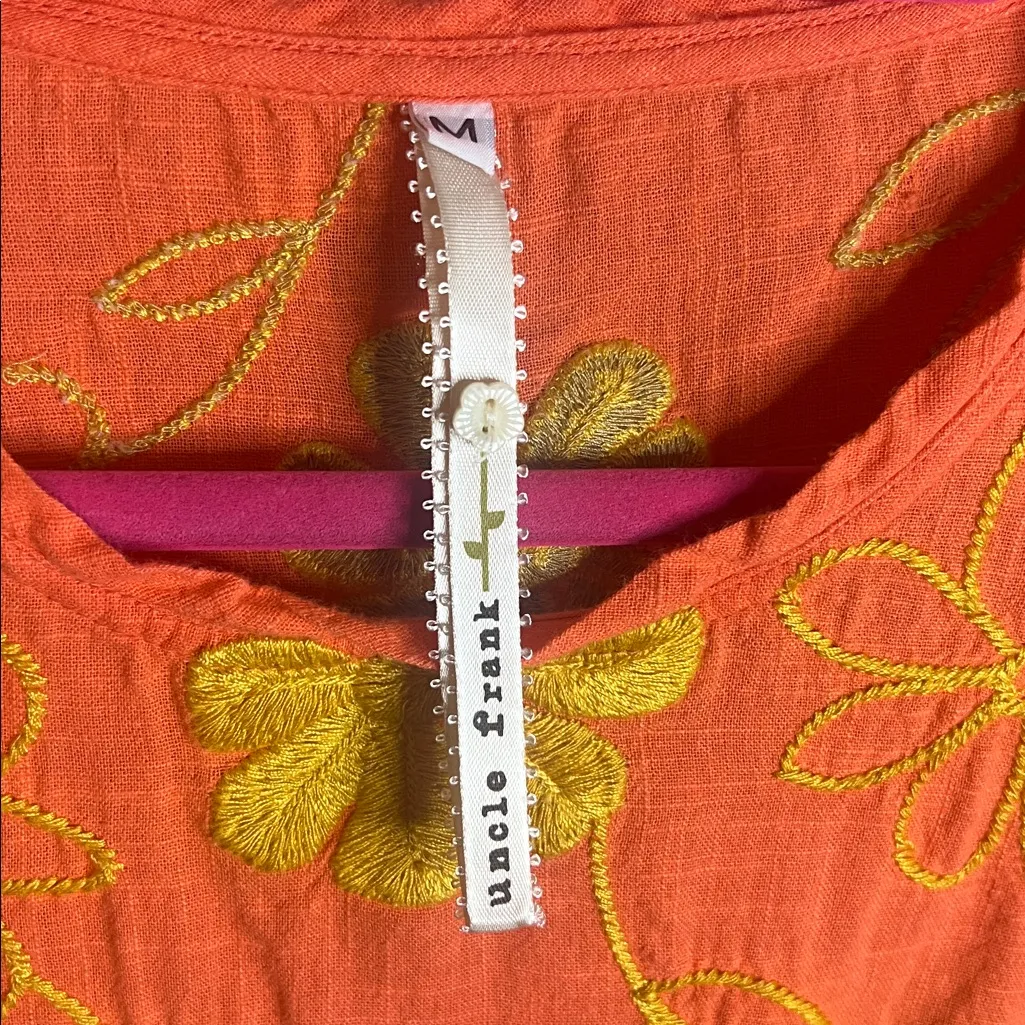 Uncle Frank Anthropologie Orange Coral Floral Embroidered Babydoll Dress M/L - Image 3