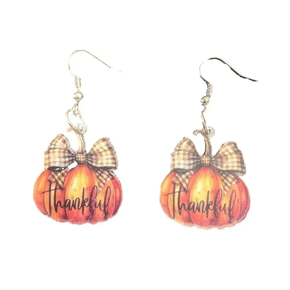 Earrings Pumpkin Thankful Thanksgiving Acrylic Dangle Orange - Image 2