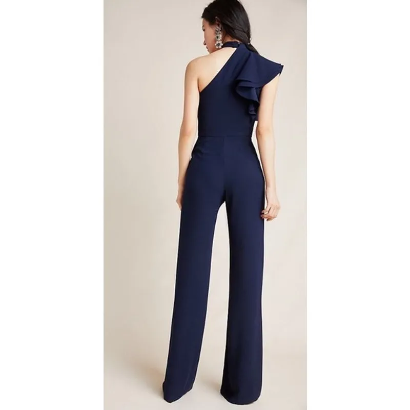 NWT Monique Lhuillier Ruffled Satin Jumpsuit Size 14 Halter Wide Leg Navy Blue - Image 2