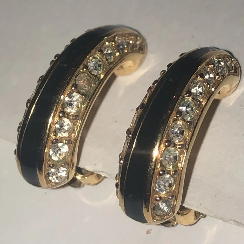 Swarovski Vintage Gold Tone Black Enamel CZ Crystal Retro Boho Clip On Earrings - Image 2