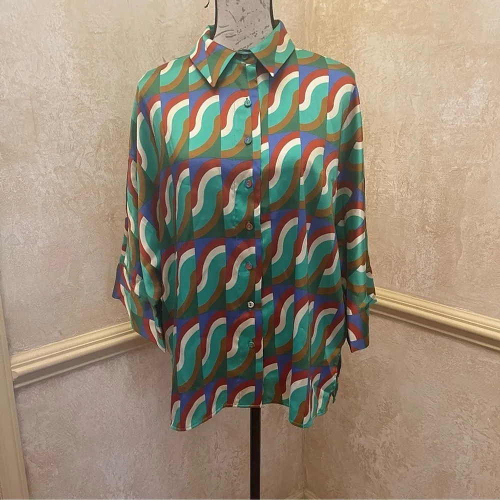 Zara printed multicoloured button shirt kimono sleeves silky fabric oversized S - Image 3