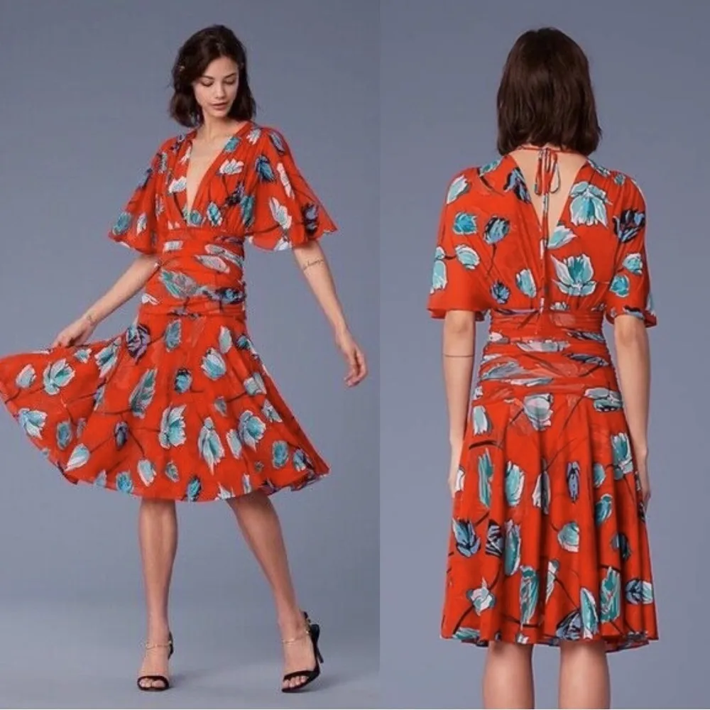 DVF • Flutter Sleeve Cinched Waist Dress mesh midi Asher Vermillion floral print - Image 13