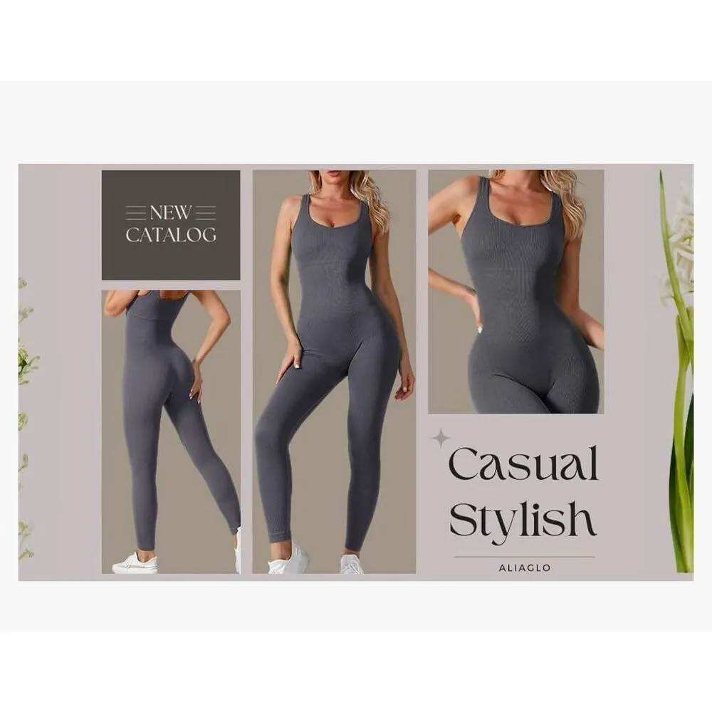 NEW Jumpsuit Yoga Jumpsuit Seamless Ribbed Bodysuits workout S Gray - Image 7