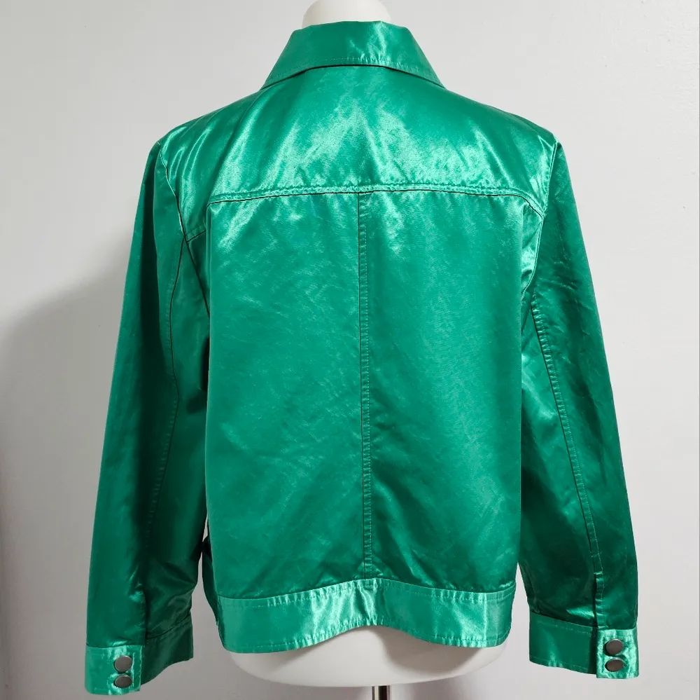 Chicos Emerald Green Satin Trucker Jacket Size 2 (Large) - Image 4
