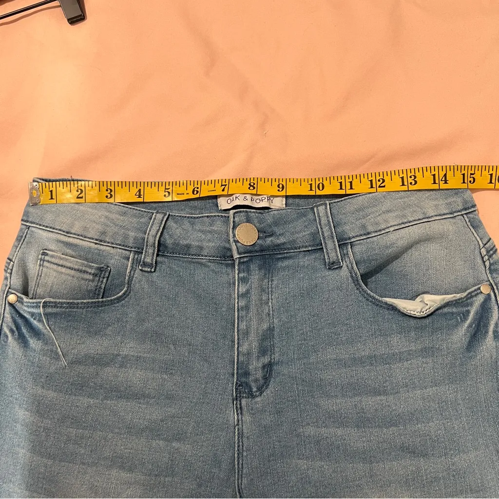 Oak & Poppy Size 6 Light Wash Stretch Denim Lace‎ Trim Bermuda Shorts Bohemian Blue - Image 9