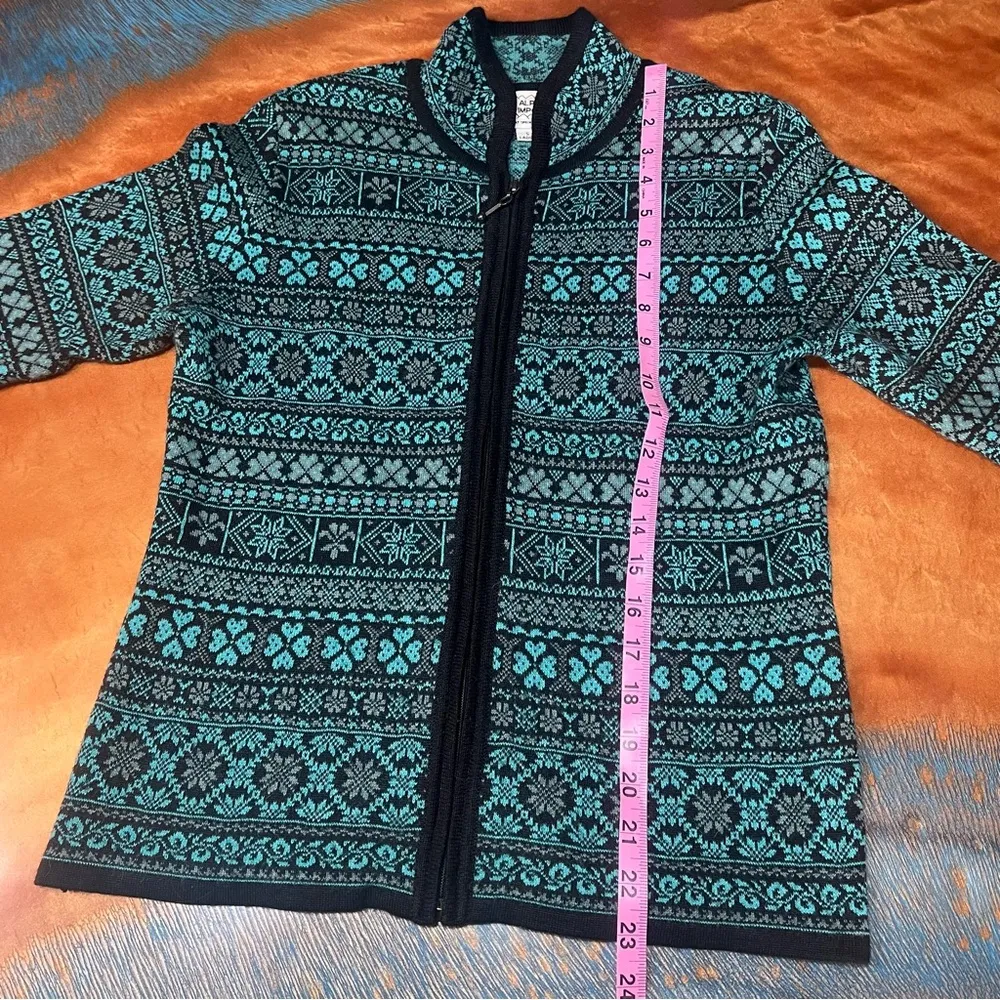 Alpaca Imports Alpaca Wool Zip cardigan sweater Made Peru black Teal fair isle - Image 7