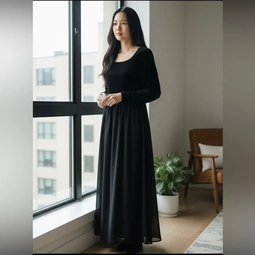 Laura Ashley Vintage Black Velvet Maxi Dress Size 10 | Long Sleeve Evening Gown - Image 8