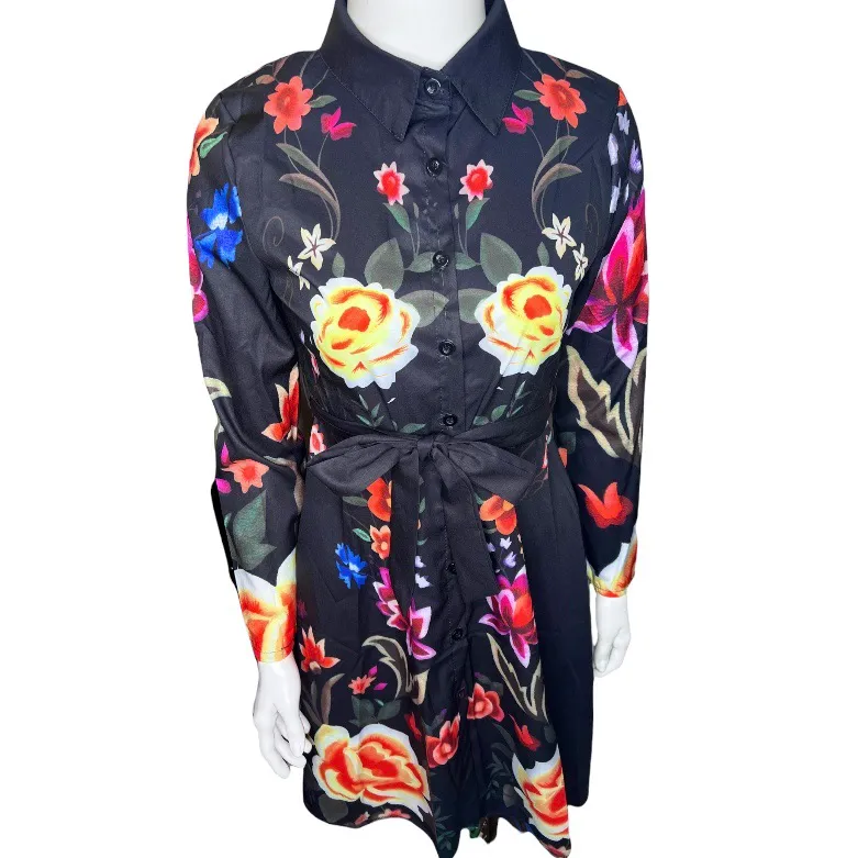 Women Floral Printed Casual Button Down Belted Blouse Dress SMALL Multi - Image 5