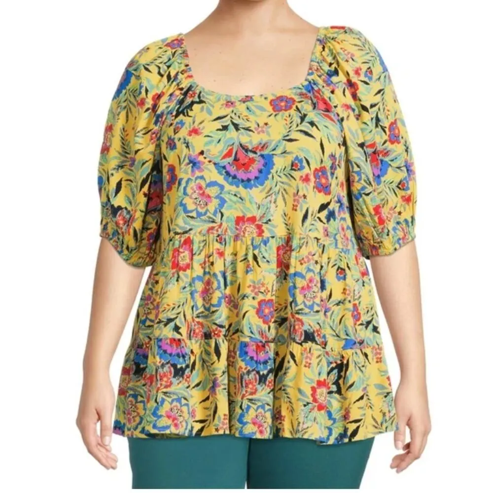 Terra & Sky Folk Floral Sunflower Babydoll Top size 1X NEW - Image 2