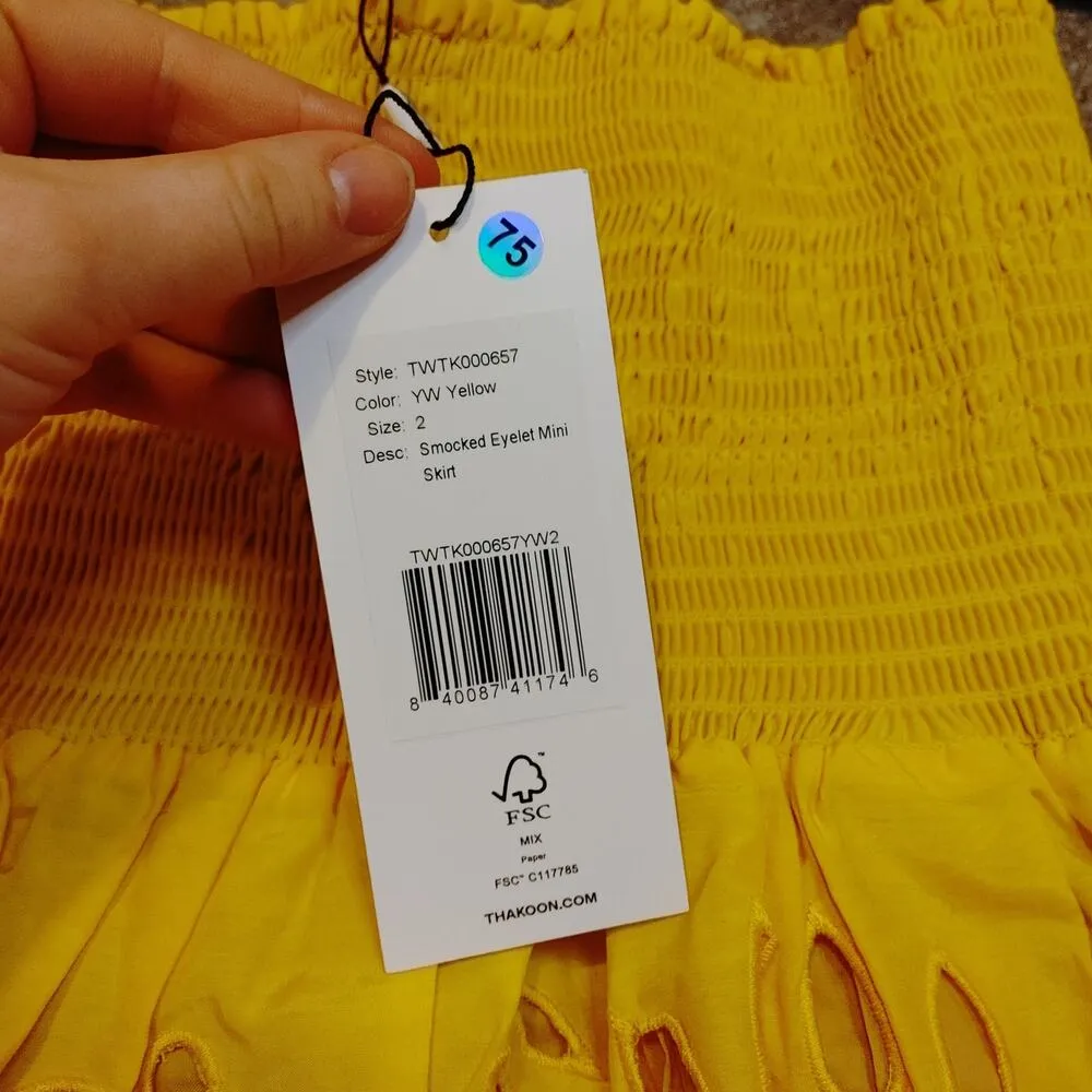 Thakoon Smocked Eyelet Mini Skirt Yellow Size 2 Cute Summer Preppy Happy NWT - Image 4
