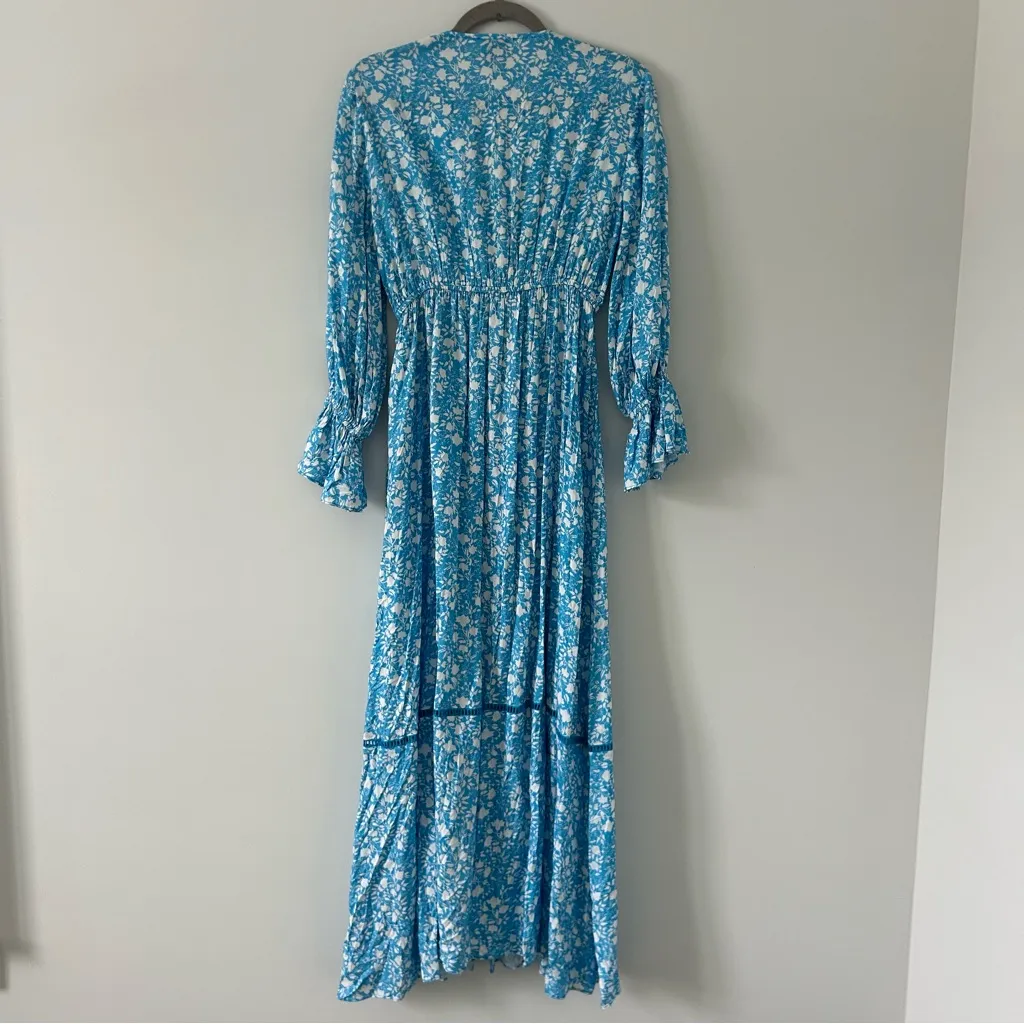 Playa Lucila Blue White Floral Long Sleeve Empire Tie Waist Open Duster Cover S - Image 3