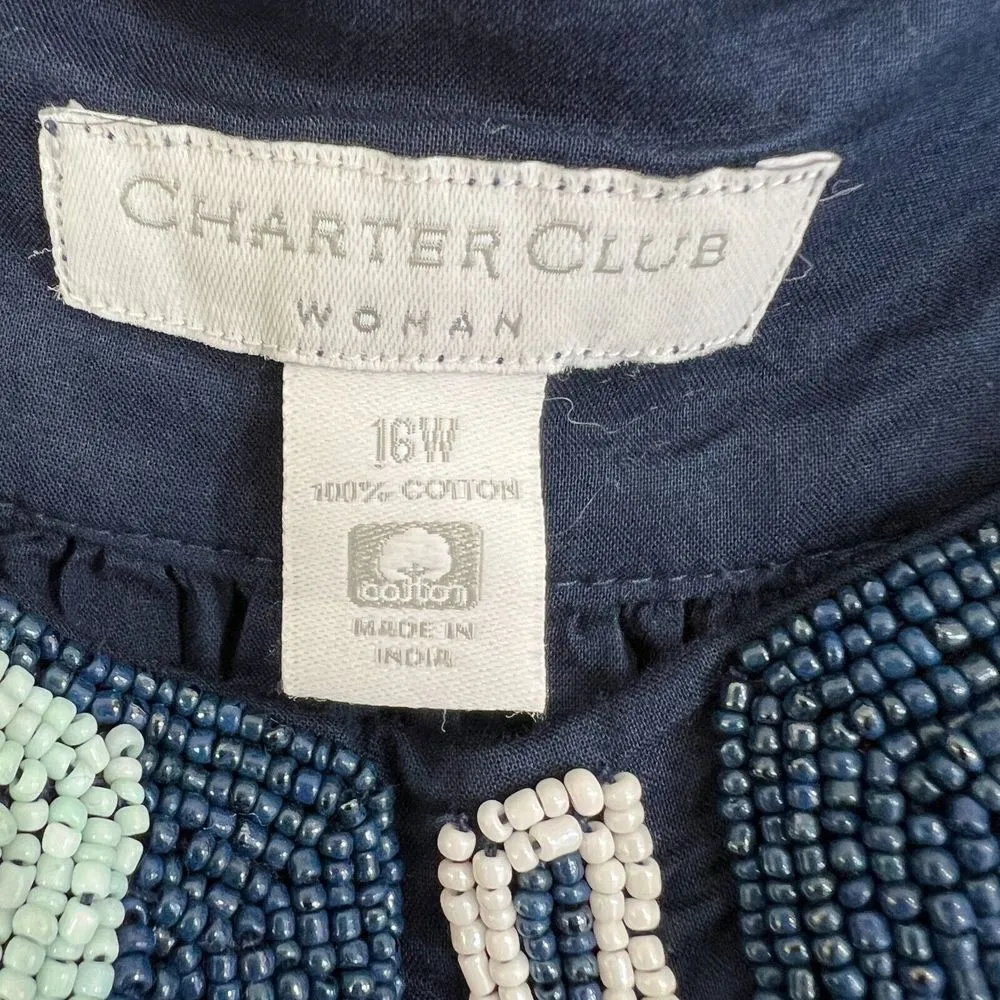 Charter Club Tunic Blouse 16W Embellished & Beaded Boat Neckline Blue Cap Sleeve - Image 3