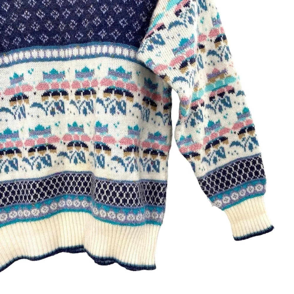 Vintage Western Connection Wool Acrylic Fair Isle Cable Knit Sweater Blue Size M - Image 2