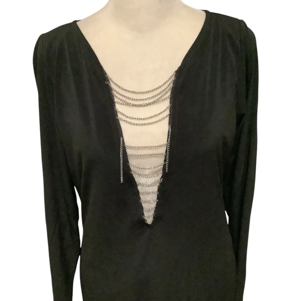 Frederick's of Hollywood Black Dress with Deep V Neck Chain Accent WORN ONCE - Image 2