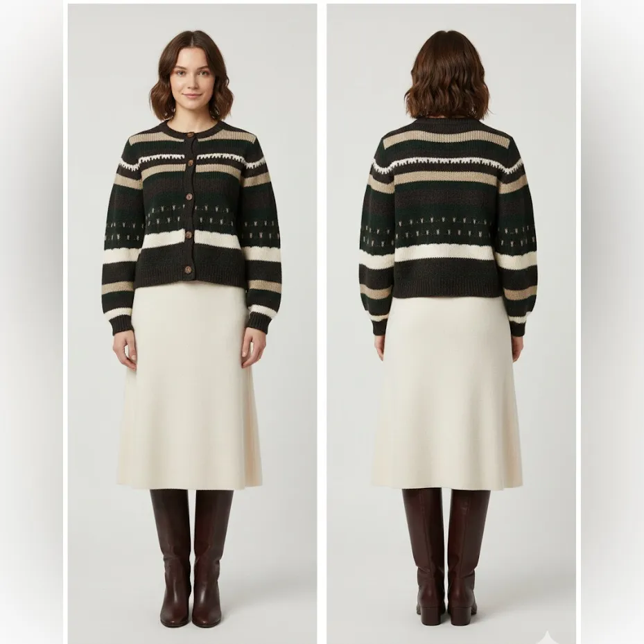 Melrose & Market Classic Heritage Knit Button Green Cardigan Striped Sweater - Image 2