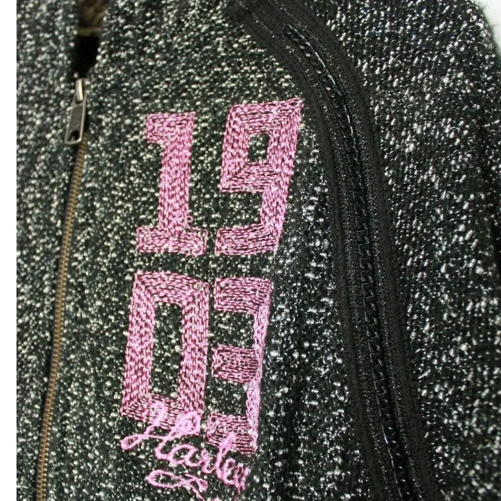 Harley Davidson Womens Hoodie Jacket Skull Chain Accent 1903 Size Medium Tweed Black - Image 4