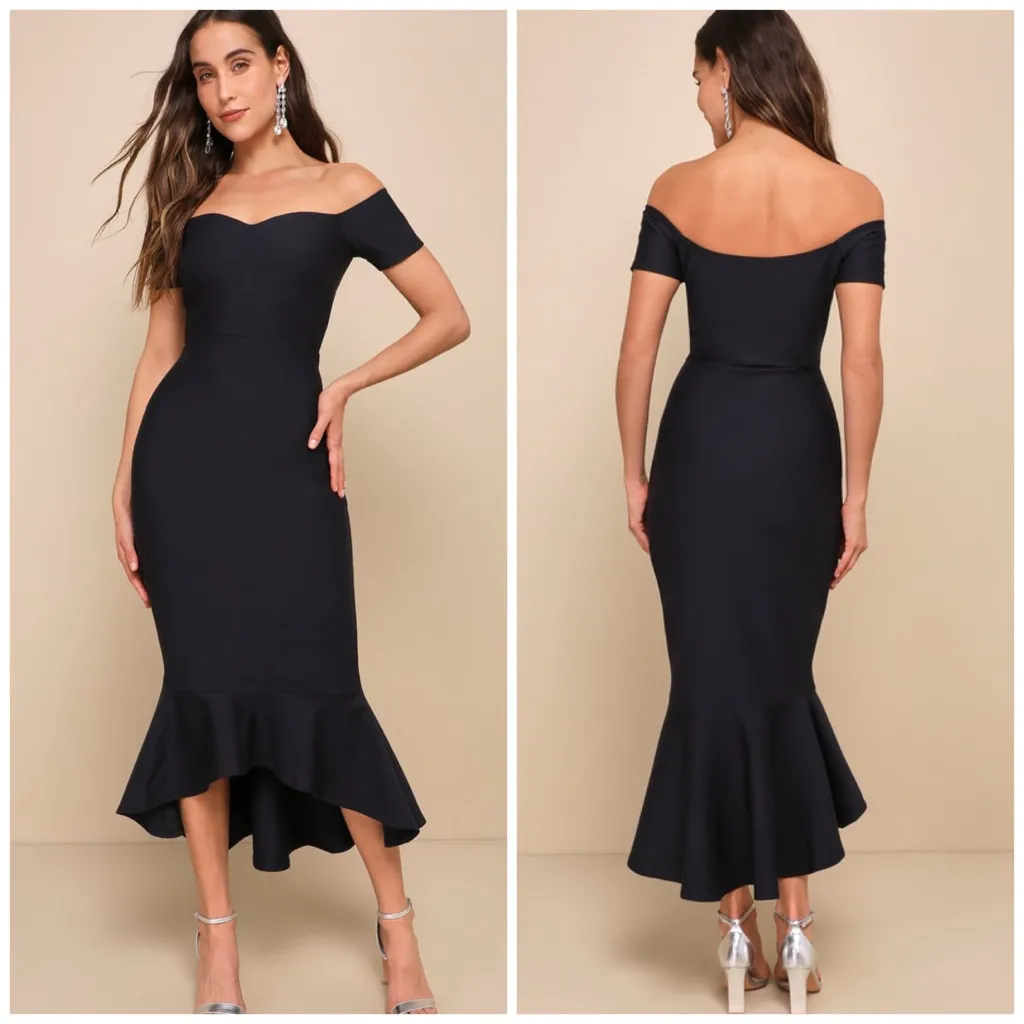 Lulus Midnight Blue Off Shoulder Midi Dress Ponte Knit Trumpet Hem NWT L - Image 2