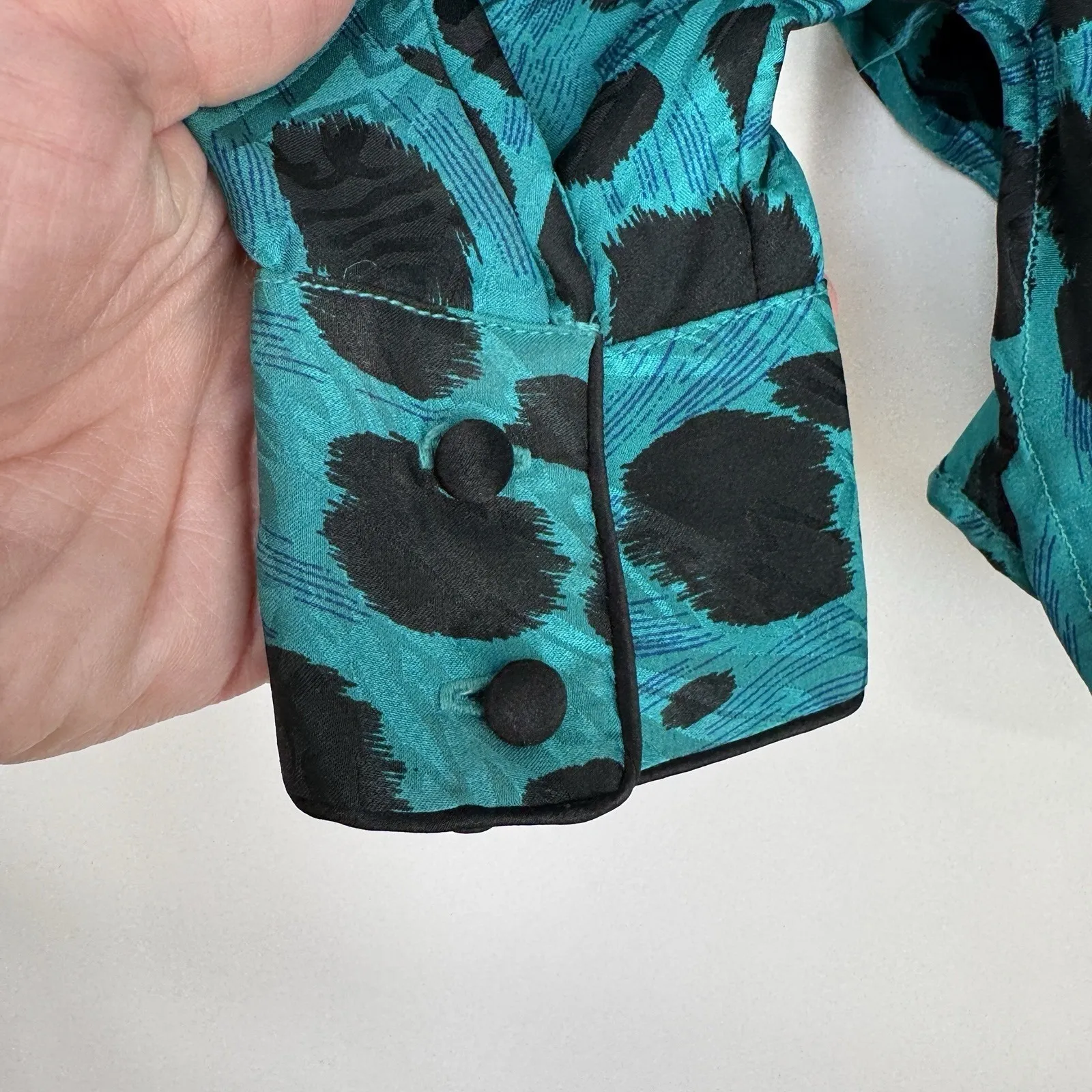 Vintage Flora Kung II New York Silk Shirt Womens 4 Teal Blue Abstract Print - Image 10