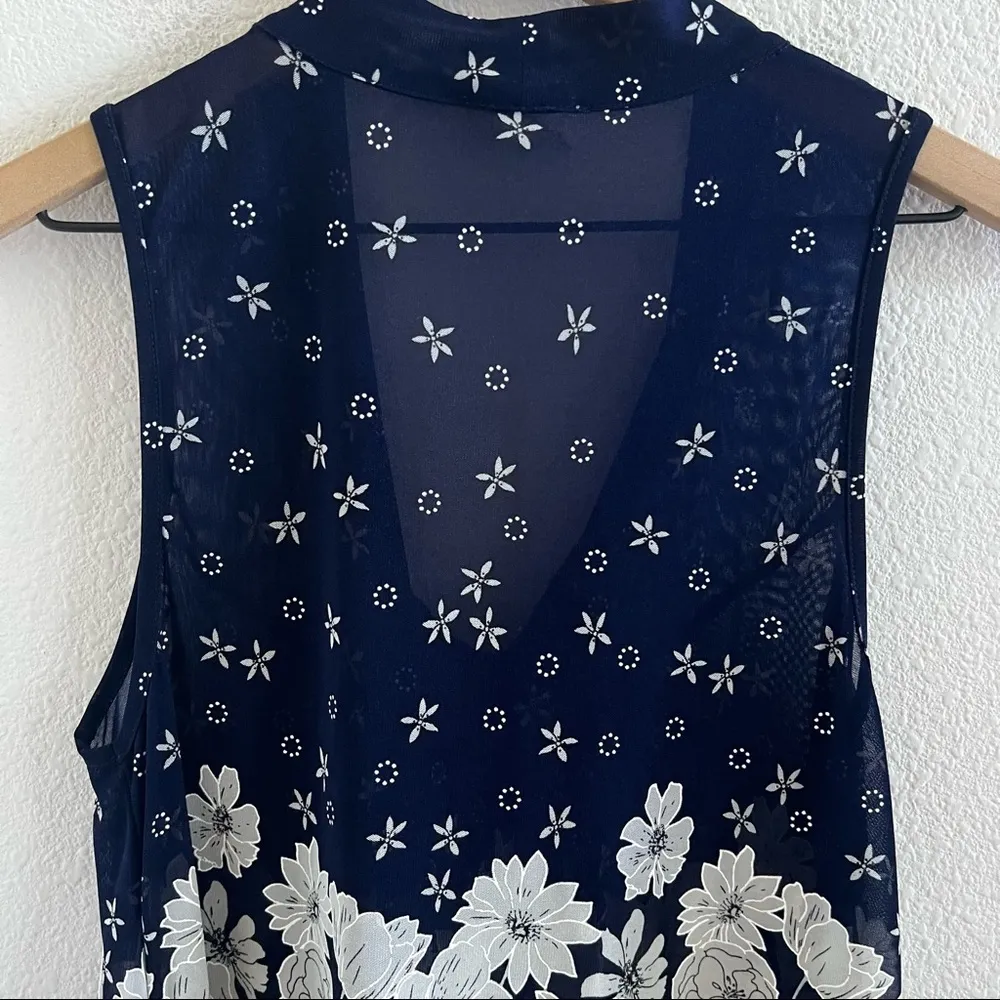 Ember Raised Painted Floral Navy Semi Sheer Secretary Tie Bow Top Blouse Shirt M Size M - Image 7