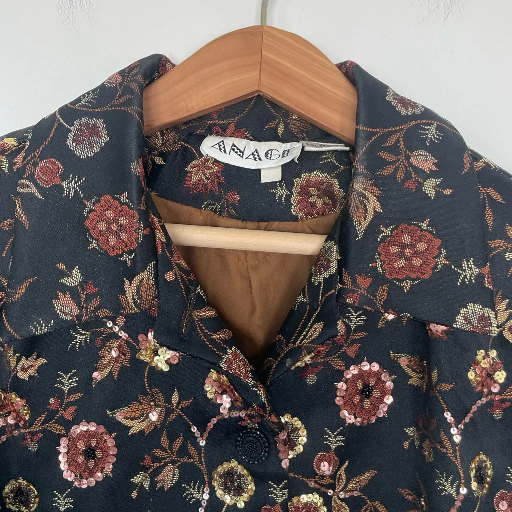 Rare Vintage Anage Wearable Art Embellished Floral Sequin Jacket Black Brown Size XL - Image 6