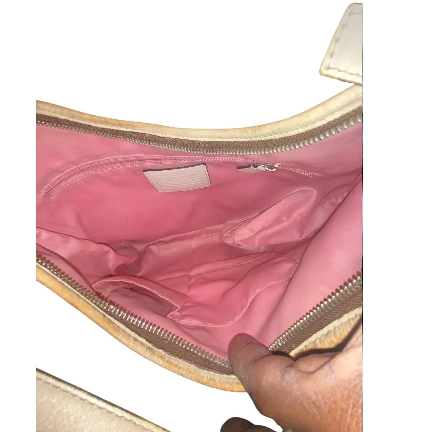 Coach Chelsea Signature Stripe Heritage Hobo Shoulder Bag Beige Pink White - Image 4