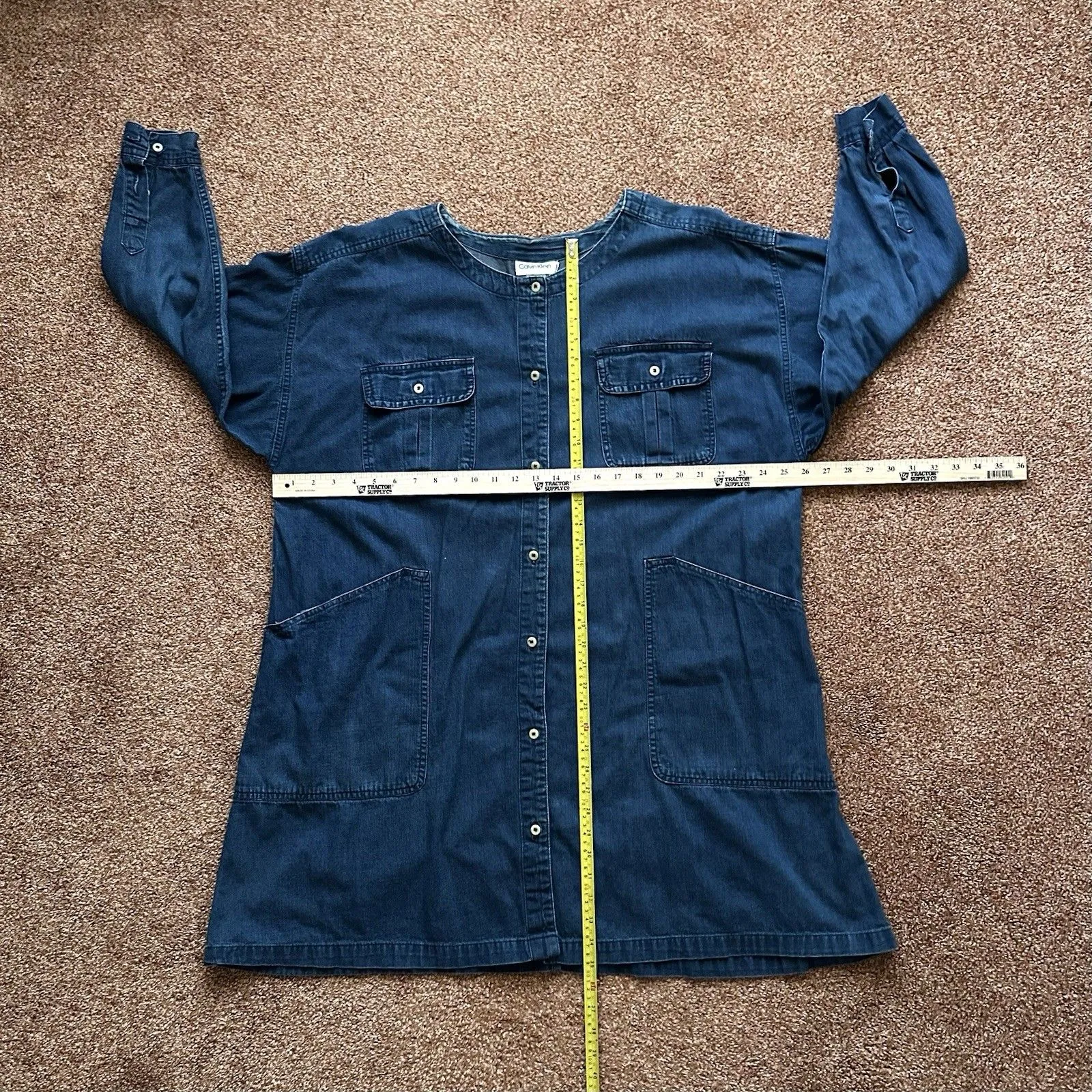 Calvin Klein Denim Dress Women’s Large Long Sleeve Button Up Vintage Retro Blue - Image 7