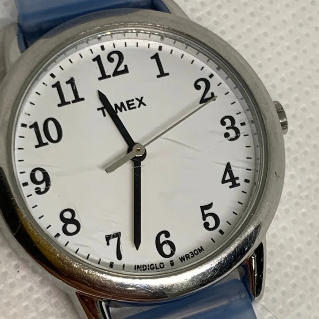 Timex indiglo women’s watch silver tone 30mm blue silicone band running - Image 3