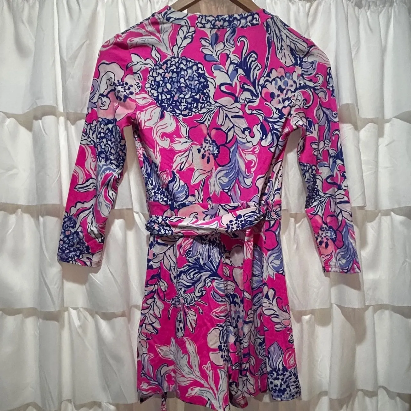 Lilly Pulitzer Karlie Wrap Romper Pink Blue Floral Print Tie Waist Womens Sz XXS - Image 8