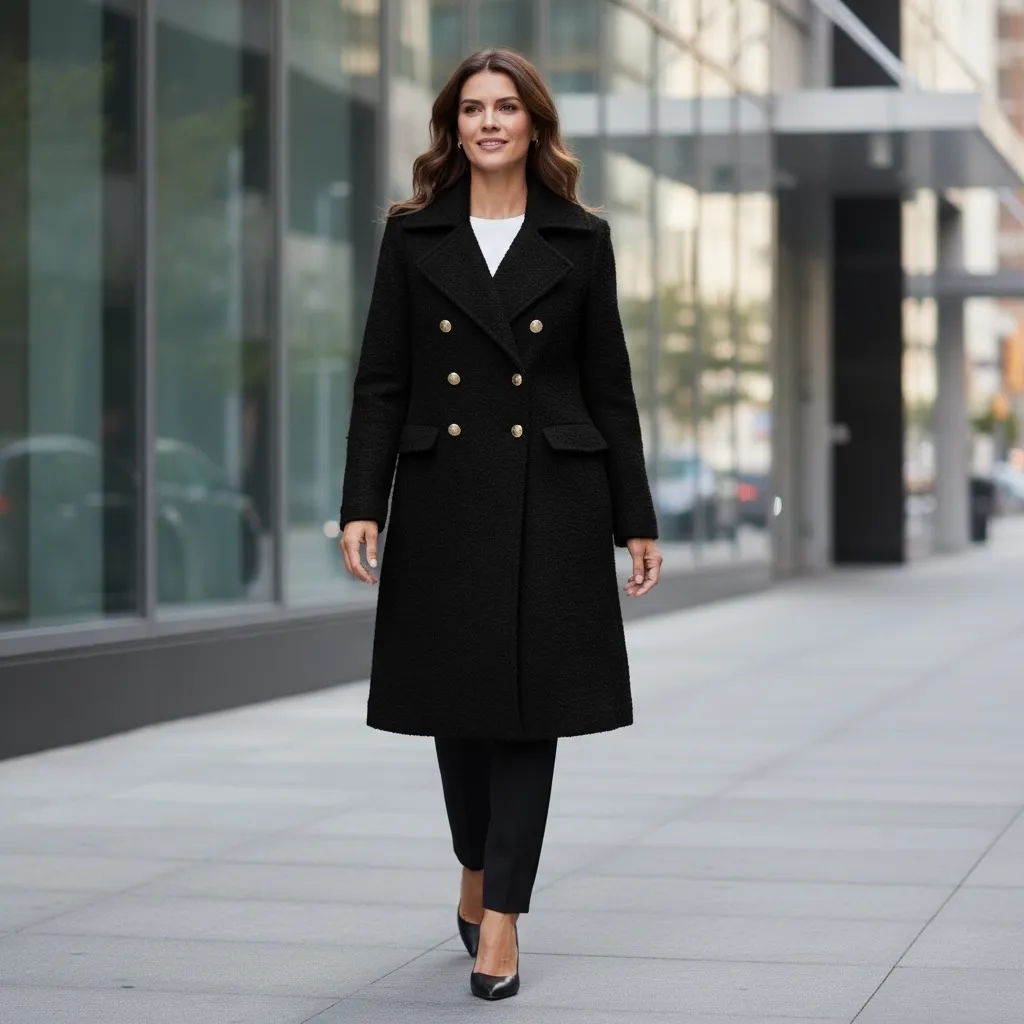 Maeve Black Dble Breasted Tweed Coat Maxi Womens 8P Classic Staple Dark Academia - Image 2