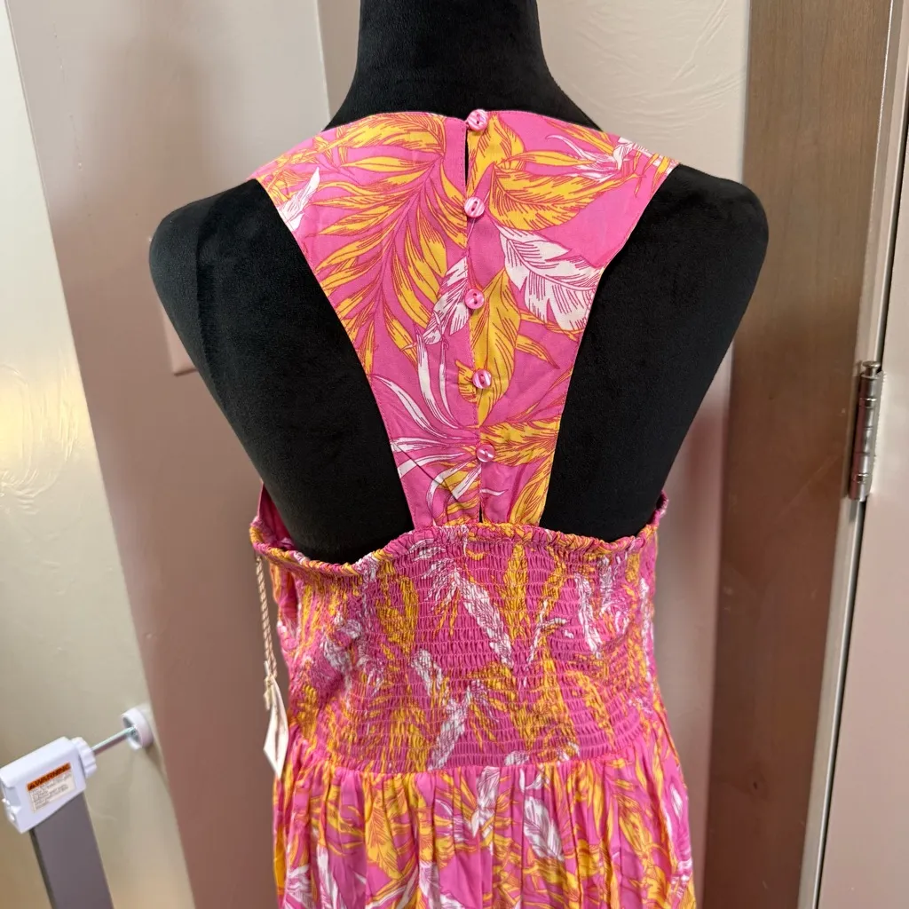 NWT Jessica Simpson V-Neck Maxi Dress Orange Pink Floral Feather‎ Rope Detail L - Image 5